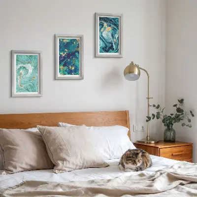 Turquoise abstraction of spilled paint framed triptych