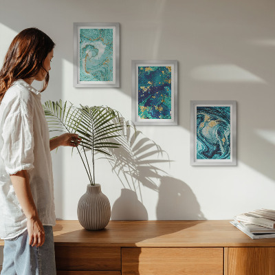 Framed triptych Turquoise abstraction of spilled paint