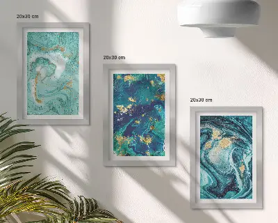 Turquoise abstraction of spilled paint framed triptych