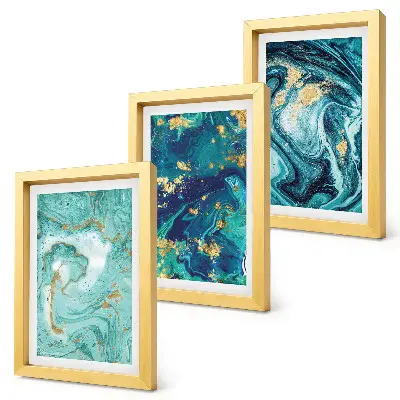 Turquoise abstraction of spilled paint framed triptych