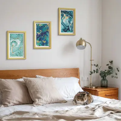 Turquoise abstraction of spilled paint framed triptych