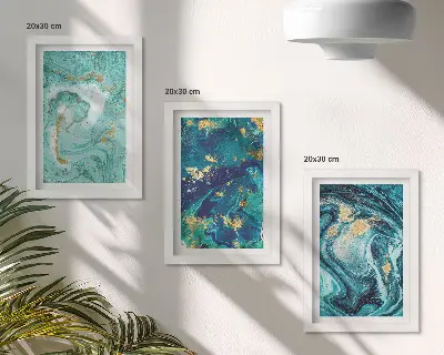 Turquoise abstraction of spilled paint framed triptych