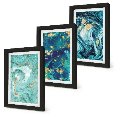 Turquoise abstraction of spilled paint framed triptych