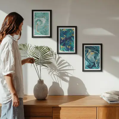 Turquoise abstraction of spilled paint framed triptych