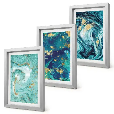 Turquoise abstraction of spilled paint framed triptych