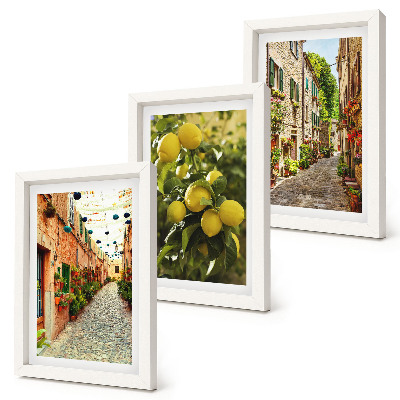 3-piece wall art set Charming streets with flowers and lemons in the background