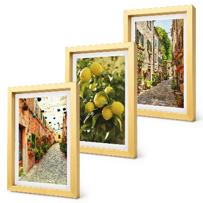 3-piece wall art set Charming streets with flowers and lemons in the background