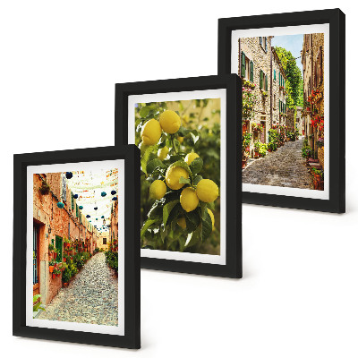 3-piece wall art set Charming streets with flowers and lemons in the background