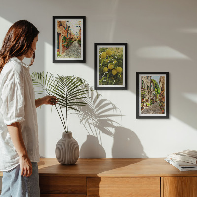 3-piece wall art set Charming streets with flowers and lemons in the background