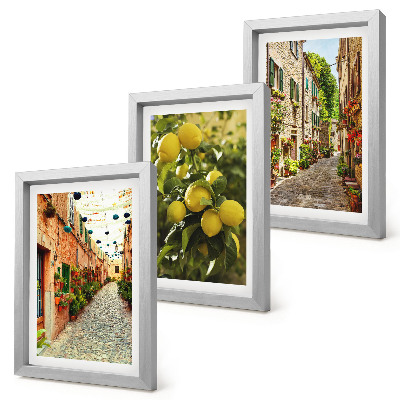 3-piece wall art set Charming streets with flowers and lemons in the background