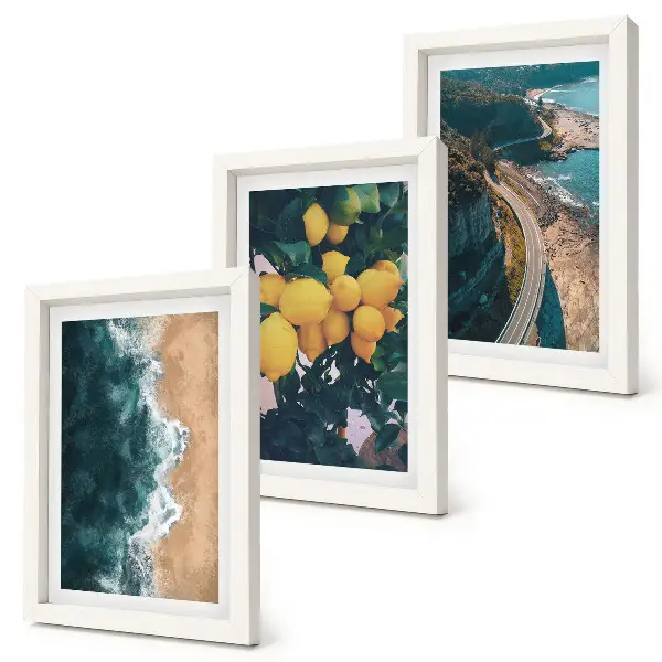 Framed triptych sea, beach, lemons, mountain, and coastal road landscape