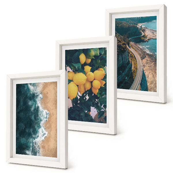 Framed triptych Sea beach lemons mountain landscape coastal road