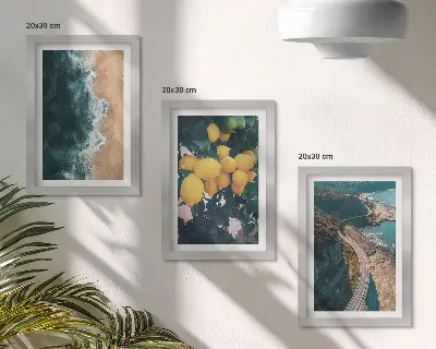 Framed triptych sea, beach, lemons, mountain, and coastal road landscape