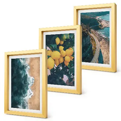 Framed triptych sea, beach, lemons, mountain, and coastal road landscape