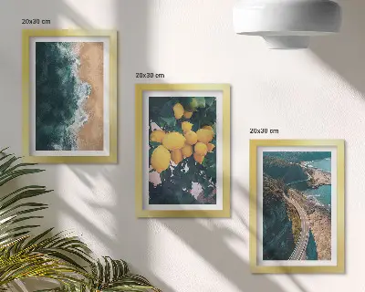 Framed triptych sea, beach, lemons, mountain, and coastal road landscape