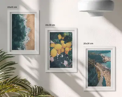 Framed triptych sea, beach, lemons, mountain, and coastal road landscape