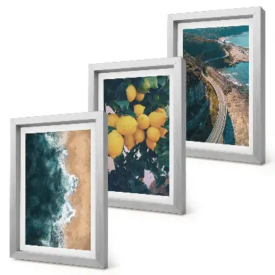 Framed triptych sea, beach, lemons, mountain, and coastal road landscape