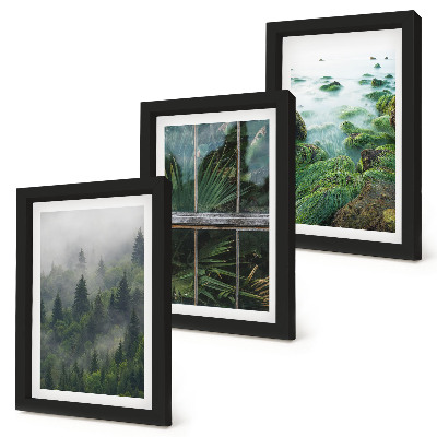 Framed triptych A forest in the fog, a river bank, and a greenhouse with plants
