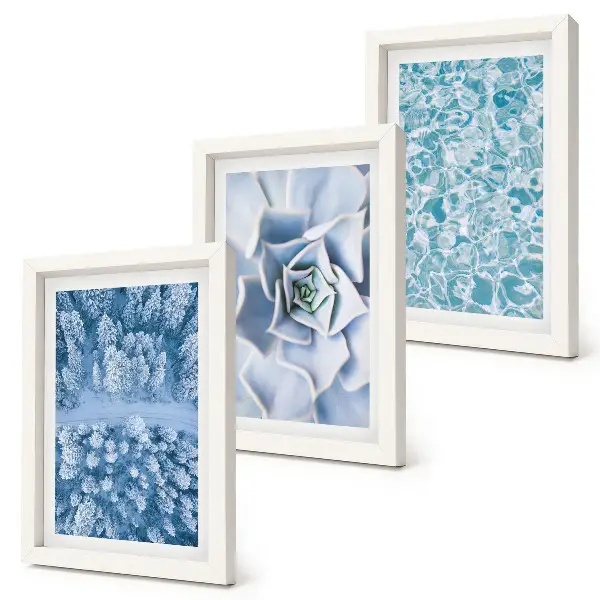 Photo frame wall gallery winter forest with blue flowers and water surface