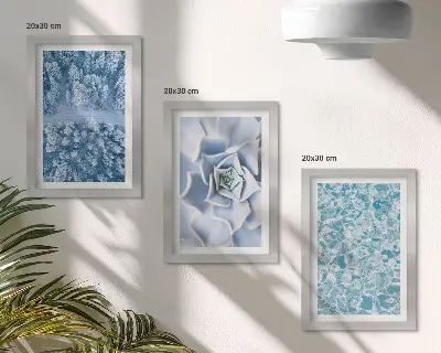 Photo frame wall gallery winter forest with blue flowers and water surface