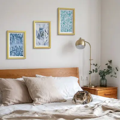 Photo frame wall gallery winter forest with blue flowers and water surface
