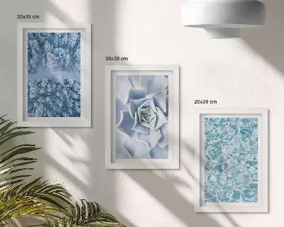 Photo frame wall gallery winter forest with blue flowers and water surface