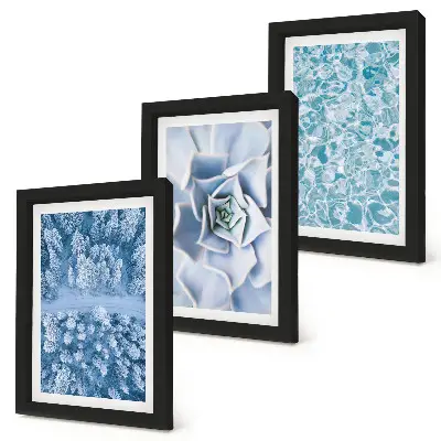 Photo frame wall gallery winter forest with blue flowers and water surface