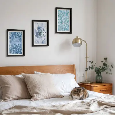 Photo frame wall gallery winter forest with blue flowers and water surface