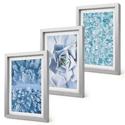 Photo frame wall gallery winter forest with blue flowers and water surface