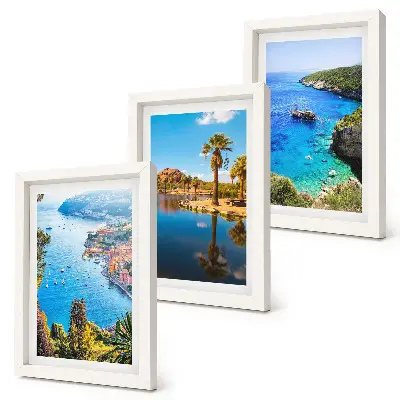 Seaside view triptych framed wall art with palm trees and blue water