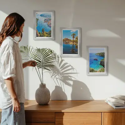 Seaside view triptych framed wall art with palm trees and blue water