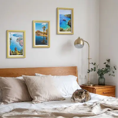Seaside view triptych framed wall art with palm trees and blue water