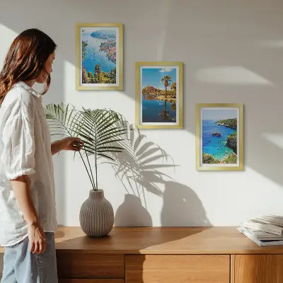 Seaside view triptych framed wall art with palm trees and blue water