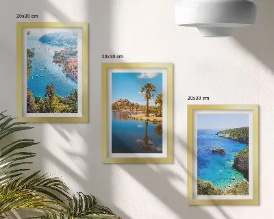 Seaside view triptych framed wall art with palm trees and blue water