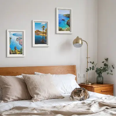Seaside view triptych framed wall art with palm trees and blue water