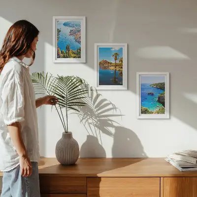 Seaside view triptych framed wall art with palm trees and blue water