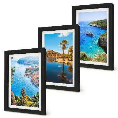Seaside view triptych framed wall art with palm trees and blue water
