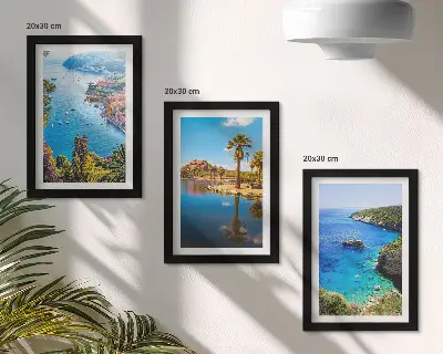 Seaside view triptych framed wall art with palm trees and blue water