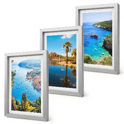 Seaside view triptych framed wall art with palm trees and blue water