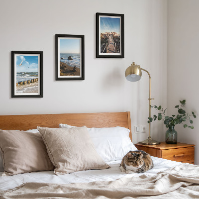 3-piece wall art set View of the beach with waves, sky and a walking pier