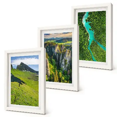Green mountain landscapes triptych with a river and rocks in a framed set