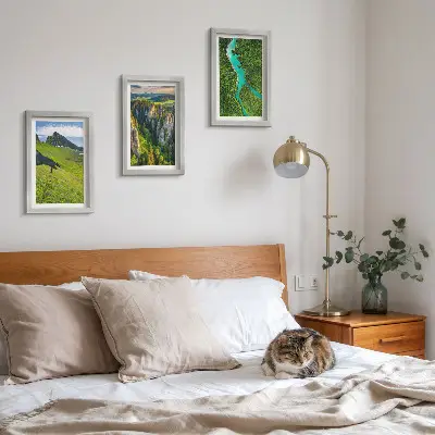 Green mountain landscapes triptych with a river and rocks in a framed set