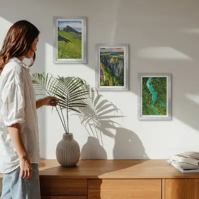 Green mountain landscapes triptych with a river and rocks in a framed set