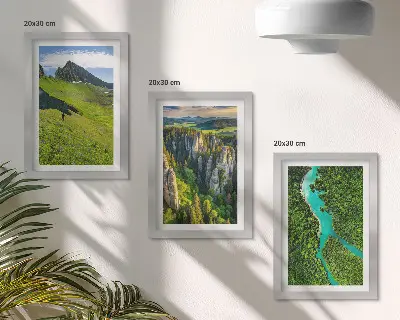 Green mountain landscapes triptych with a river and rocks in a framed set