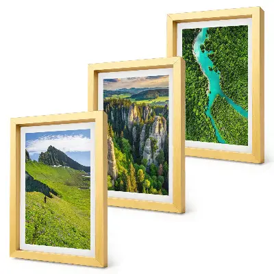 Green mountain landscapes triptych with a river and rocks in a framed set