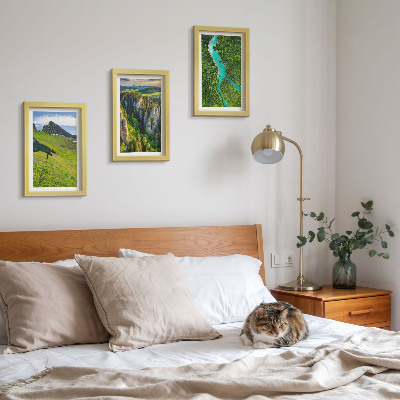 Framed triptych Green mountain landscapes with a river and rocks