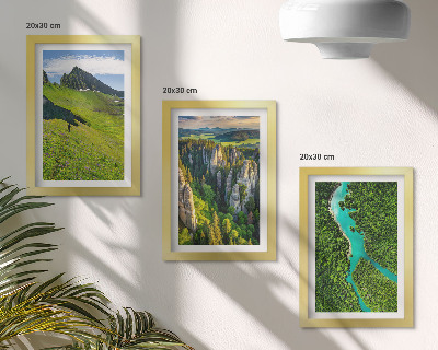 Framed triptych Green mountain landscapes with a river and rocks