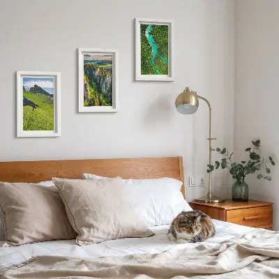 Green mountain landscapes triptych with a river and rocks in a framed set