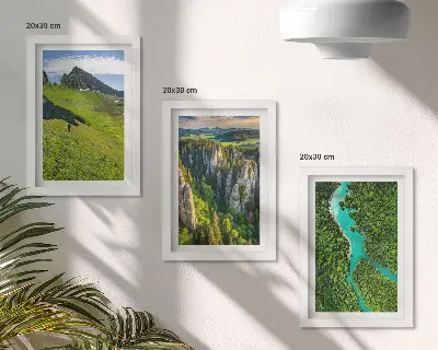 Green mountain landscapes triptych with a river and rocks in a framed set