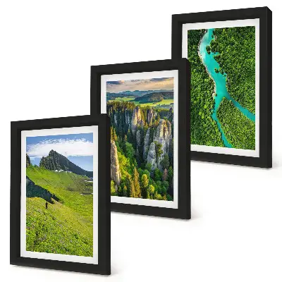 Green mountain landscapes triptych with a river and rocks in a framed set